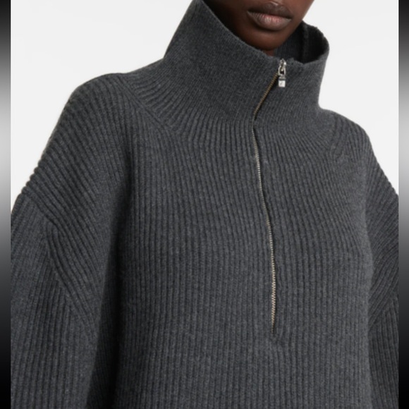 Toteme fisherman zipped wool blend roll neck sweater dark gray melange oversized - Picture 3 of 10